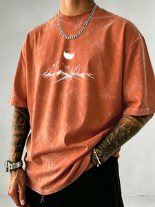 Camiseta Extra Grande para Hombre, Color Naranja Óxido, con Estampado de Montaña, Manga Corta, Cuello Redondo, Informal, de Algodón - Product Image 1