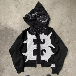 Nouveau sweat à capuche vintage 2026 de haute qualité, coupe ajustée, en molleton français, avec strass et broderie vieillie en coton - Product Image 3
