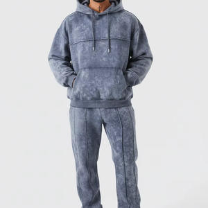 ชุดเซ็ตสเวตสูทผ้าฝ้ายพิมพ์ลายโลโก้แบบ DTG พร้อมซิปฮู้ดดี้ พิมพ์ลายสกรีน สไตล์สตรีทแวร์ ล้างสีแบบแอซิดวอช ชุดวอร์มสำหรับฤดูหนาว ผู้ชาย - Product Image 1