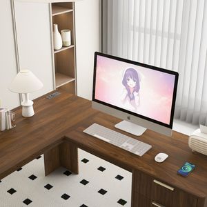 Escritorio de Estudio Moderno en Forma de L con Cajones y Estantería para Libros, Ideal para Oficina en Casa - Product Image 3