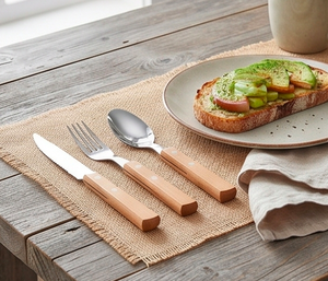 Couverts à manche en bois naturel, finition polie miroir avec poignée en bois naturel, design minimaliste, compatibles lave-vaisselle, pour usage en cuisine - Product Image 1