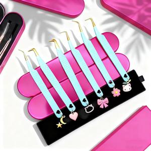 Morje – Nouvel ensemble de pinces à cils chirurgicales de précision, 6 pièces, bleu clair, en acier inoxydable, avec breloques mignonnes, pointes dentelées, longueur 10 mm - Product Image 1