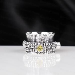 925 Sterling <b>Silver</b> Plated Spinner Vintage Textured Band Yellow Citrine Cz <b>Ring</b> Gemstone Meditation Worry Wholesale Jewelry - Product Image 1