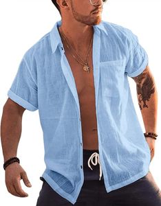 OEM Wholesale High-Quality 100% French Linen Men's Rolled Up Short Sleeve <b>Button</b> Up <b>Shirts</b> Linen Cotton Beach <b>Shirt</b> Tops - Product Image 2
