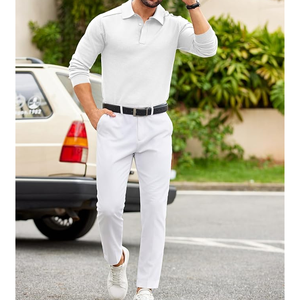 Pull polo en tricot à manches longues pour homme, couleur unie, fermeture boutonnée, blanc, pull décontracté pour le printemps - Product Image 3