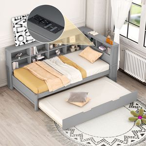 Letto a giorno in legno grigio a una piazza e mezza con letto estraibile, porte USB e ripiano portaoggetti - Letto per bambini - Product Image 3