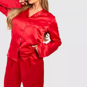 Pyjama en velours rouge uni pour femme, 100 % soie, manches courtes, haut de gamme, respirant, doux, taille élastique - Product Image 5