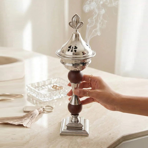 <b>Silver</b> Metal Arabic Incense <b>Burner</b> Featuring Dark Wooden Stem Accents And Domed Lid For Sophisticated Traditional Aromatherapy - Product Image 6