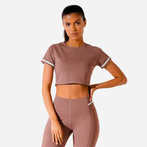 Women's Brown <b>Crop</b> <b>Top</b> Short Sleeve Crew Neck Solid Color Sporty Fit Knitted Breathable Spring Summer Style - Product Image 1