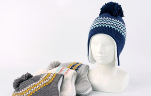 Navy Knit Beanie Hat with Pom Pom and Striped <b>Neck</b> <b>Warmer</b> Scarf Set Unisex Casual Adults - Product Image 2