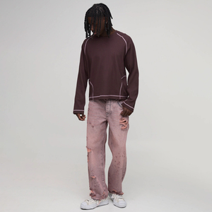 Jeans Rosa Desgastados de Pierna Recta con Efecto Stonewashed y Rasgados, Estilo Urbano, Corte Relajado, Cintura Media, Pantalón de Mezclilla Desgastado para Hombre - Nueva Colección 2026 - Product Image 4