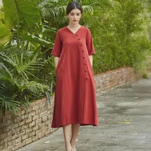 Vestido de Lino para Mujer, Corte A, Manga Media, Tallas Grandes, Cómodo para Uso Diario - Product Image 3