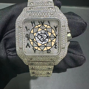 Reloj de Cuarzo Personalizado de Acero Inoxidable con Incrustaciones de Moissanita Cuadrada de Lujo, con Esfera de Números Romanos, Estilo Hip Hop - Product Image 1
