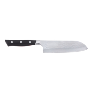 Cuchillos de cocina Santoku con mango negro y rojo, hoja plateada martillada, tres remaches y bolster plateado para rebanar y picar - Product Image 2