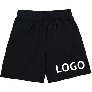 <b>Men</b> Black Canvas Shorts Elastic Waist Breathable Quick Dry Casual Sport Wear Front Logo Print Solid 100% Polyester Drawstring - Product Image 5