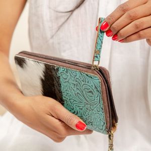 Western Style Hair on Hide Tooled Fur Leather <b>Wristlet</b> Clutch Women Designed Purse Hot Selling Tooled Leather Zipper Wallet - Product Image 2