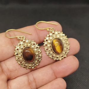 Pendientes de Aro con Ojo de Tigre, Bañados en Oro, con Bisel y Piedra Preciosa Natural - Product Image 1