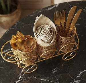Chariot à roulettes doré pour couverts, support de rangement ajouré pour ustensiles, organisateur de vaisselle sculpté pour cuisine - Product Image 3
