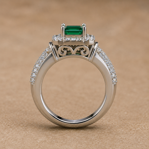 Green Emerald & Lab Grown Diamond <b>Ring</b> | White <b>Gold</b> Emerald Cut Halo <b>Cocktail</b> <b>Ring</b> OEM ODM Fine Jewelry Manufacturer - Product Image 5