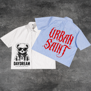 เสื้อเชิ้ตผู้ชายลายทาง แขนสั้น ทรงบ็อกซี่ ติดกระดุม คอปก สไตล์ลำลอง สตรีทแวร์ เสื้อผ้าลำลองฤดูร้อน รับผลิตแบบ OEM แบรนด์ส่วนตัว - Product Image 1