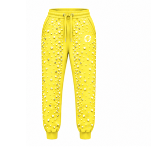 Custom Lemon Yellow Pearl Beaded <b>Jogger</b> Pants <b>Women</b> Luxury Embellished Drawstring Sweatpants Casual Streetwear <b>Fleece</b> Bottoms - Product Image 1