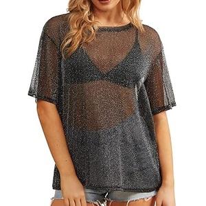 Camiseta de malla transparente de manga corta con hombros caídos y estampado personalizado para mujer, talla grande, estilo desgastado, para playa y exteriores, de poliéster - Product Image 1