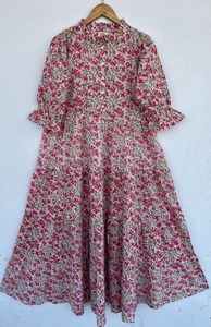 Women Pink Floral Cotton Maxi Dress Balloon Sleeve Ruffle Collar Button Front Flared Tiered <b>Summer</b> Dress Private Label Clothing - Product Image 1