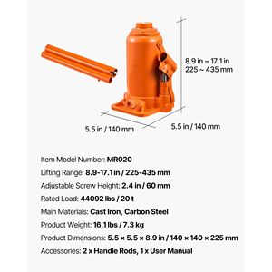 Martinetto idraulico a bottiglia saldato per impieghi gravosi da 20 tonnellate per SUV con intervallo di sollevamento di 8,9-17,1 pollici e capacità di 44092 libbre - Product Image 5