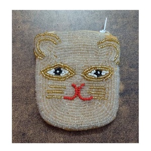 Porte-monnaie brodé de perles motif visage de chat avec fermeture éclair, mini pochette pour femme, sac de rangement pour espèces, cartes et maquillage, pochette cadeau - Product Image 1