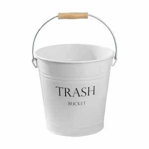 Cubo de basura de metal blanco con asa de madera, cubo de basura de hierro estampado, cubo de almacenamiento estilo rústico, cesta de basura para oficina, bote de basura - Product Image 1