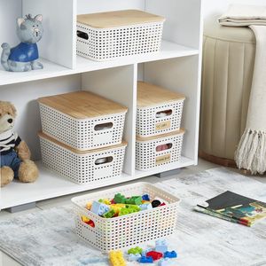 Cute Labeled 5.2qt <b>Small</b> Plastic <b>Storage</b> Bins with Bamboo Lids Stackable Box <b>Basket</b> for Pantry Decorative Organizing - Product Image 4