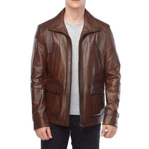 Veste moto en cuir véritable marron pour homme, col montant, fermeture éclair, coupe ajustée, pour l'automne - Product Image 6