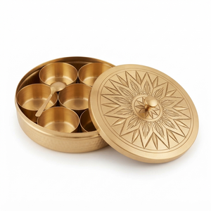 Handcrafted Round Brass Spice Box Starburst Engraved <b>Lid</b> Masala Dabba Kitchen Storage Container <b>With</b> Spoon for Home Hotel Decor - Product Image 1