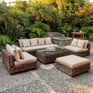 Outdoor <b>Rattan</b> Woven <b>Sofa</b> Set Mahogany Wood White Wash <b>Rattan</b> Furniture Glass Table Lounge Chair Ottoman Setup Art Design - Product Image 2