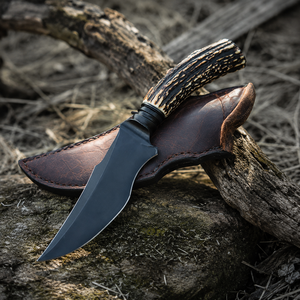 Cuchillo de caza/camping hecho a mano de acero al carbono con punta recta, mango de cuerno, funda de cuero, OEM/ODM/OBM disponible, 8 pulgadas, 3 mm, DIY - Product Image 1