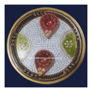 Handmade <b>Polished</b> White Makrana Stone Rajasthani Gold Painting Design <b>Marble</b> Pooja Thali with Diya Sets for Business or Gift - Product Image 1