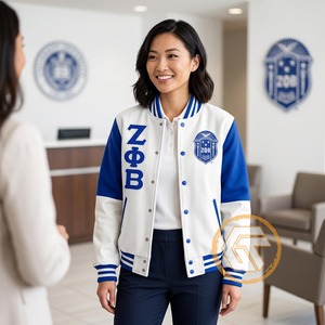 เสื้อแจ็คเก็ตวาร์ซิตี้ Zeta Phi Beta แบบสั่งทำพิเศษจาก GREEK TREASURES เสื้อผ้าสำหรับชมรมนักศึกษา คุณภาพสูง ระบายอากาศได้ดี บุด้วยผ้าซาตินไหม สำหรับผู้หญิง - Product Image 3