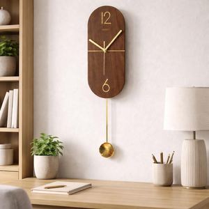 Reloj de Pared Ovalado de Nogal, Péndulo Silencioso, Decoración Moderna y Minimalista para el Hogar - Product Image 1