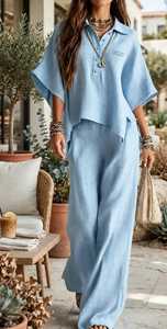 Ensemble deux pièces pour femmes, bleu clair uni, col rabattu, haut boutonné, pantalon large, tenue d'été décontractée - Product Image 5