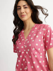 Vestido Midi Rosa con Estampado de Lunares, Corte en A, Mangas Cortas, Cuello Redondo, Ajuste Holgado, Estilo Casual de Verano, Tejido de Algodón - Product Image 3