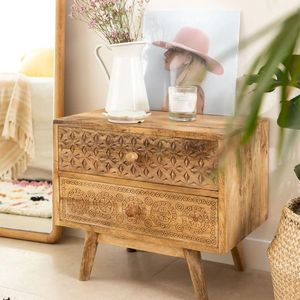 <b>Vintage</b> Solid Wood Hand Carved 2 Drawer <b>Bedside</b> <b>Table</b> Rustic Nightstand Bedroom Storage Furniture For Home Hotel Interior Decor - Product Image 6