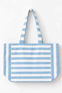 Blue White Striped Durable Foldable Eco-Friendly Canvas <b>Tote</b> <b>Bag</b> <b>Large</b> Capacity Open Top Shoulder Shopper Beach <b>Travel</b> <b>Bag</b> - Product Image 1