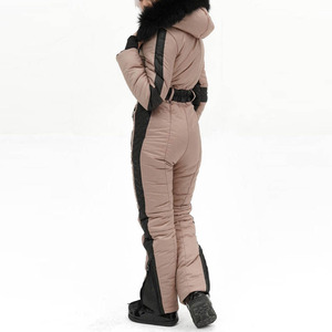 Custom Women Nude <b>Beige</b> Pink One Piece Ski Suit With Black Fur Hood Trim Wide Belt Waist Snowsuit Women Slim Fit <b>Jumpsuit</b> Winter - Product Image 4