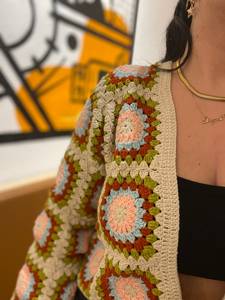 Women's Crocheted Patchwork Cardigan <b>Crop</b> Length Bohemian Style Full Sleeve Open Stitch 100% Acrylic - Product Image 5