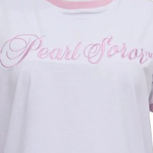 T-shirt blanc à col contrastant avec bordure rose et motif graphique Pearl Soror, manches courtes, en coton, décontracté, pour femme, vêtement de mode - Product Image 4