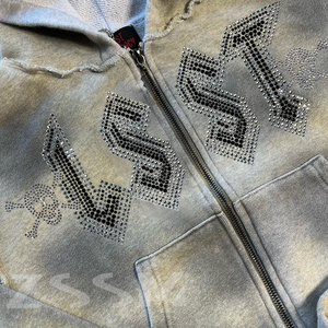 Customized Vintage Men's Full Rhinestone Distressed Printed Jogger Acid Wash Flared Sweat Suit Hoodie Breathable OEM 2026 - Product Image 3