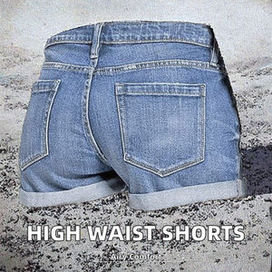 Shorts en jean taille haute pour femme, coupe droite, ajustement régulier, en coton délavé, couleur unie, style décontracté d'été - Product Image 3