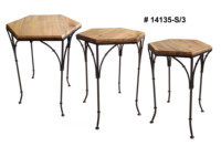 Ensemble de trois tables basses gigognes modernes, multifonctionnelles, empilables, avec rangement, structure en métal, plateau en métal, petite table, table de chevet en bois