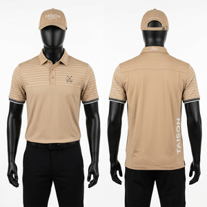 เสื้อโปโลกอล์ฟผู้ชายคุณภาพสูง 190 GSM โพลีเอสเตอร์ผสมอีลาสเทน สีเบจ แถบตัดสีที่แผงด้านบน แห้งเร็ว รับสกรีนลายแบบรีดร้อน - Product Image 1