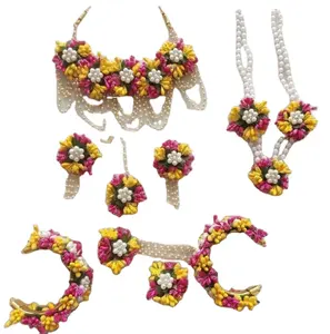 Set perhiasan bunga kuning & merah muda untuk pengantin dan pengiring pengantin | Perhiasan bunga buatan tangan untuk fungsi Haldi Pernikahan India